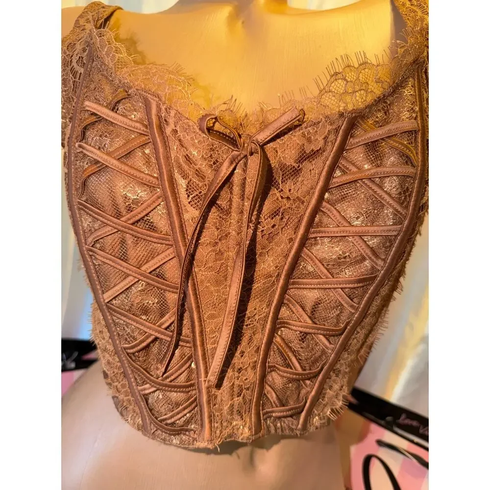 Victorias Secret Corset Bra Top Clubbing Brown Shimmer Eyelash Lace XL - Picture 3 of 5